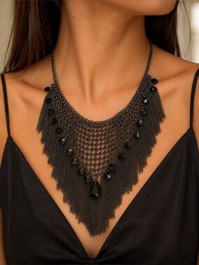 Park Lane Natasha Gunmetal Fringe Bib Necklace in Black with black beads